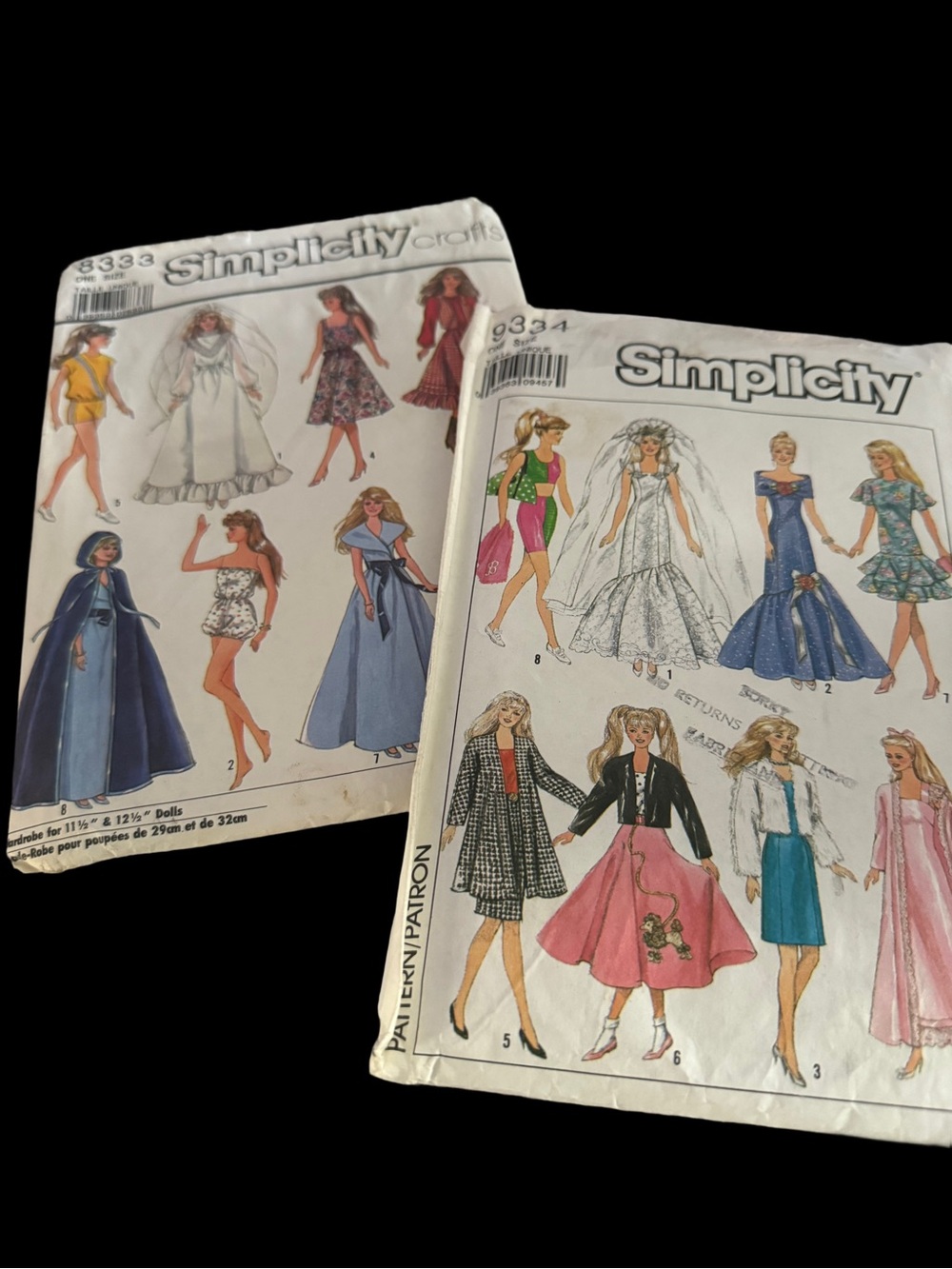Lot of 2 Vintage Simplicity- Fashion Doll Patterns 9334 & 8333 Uncut